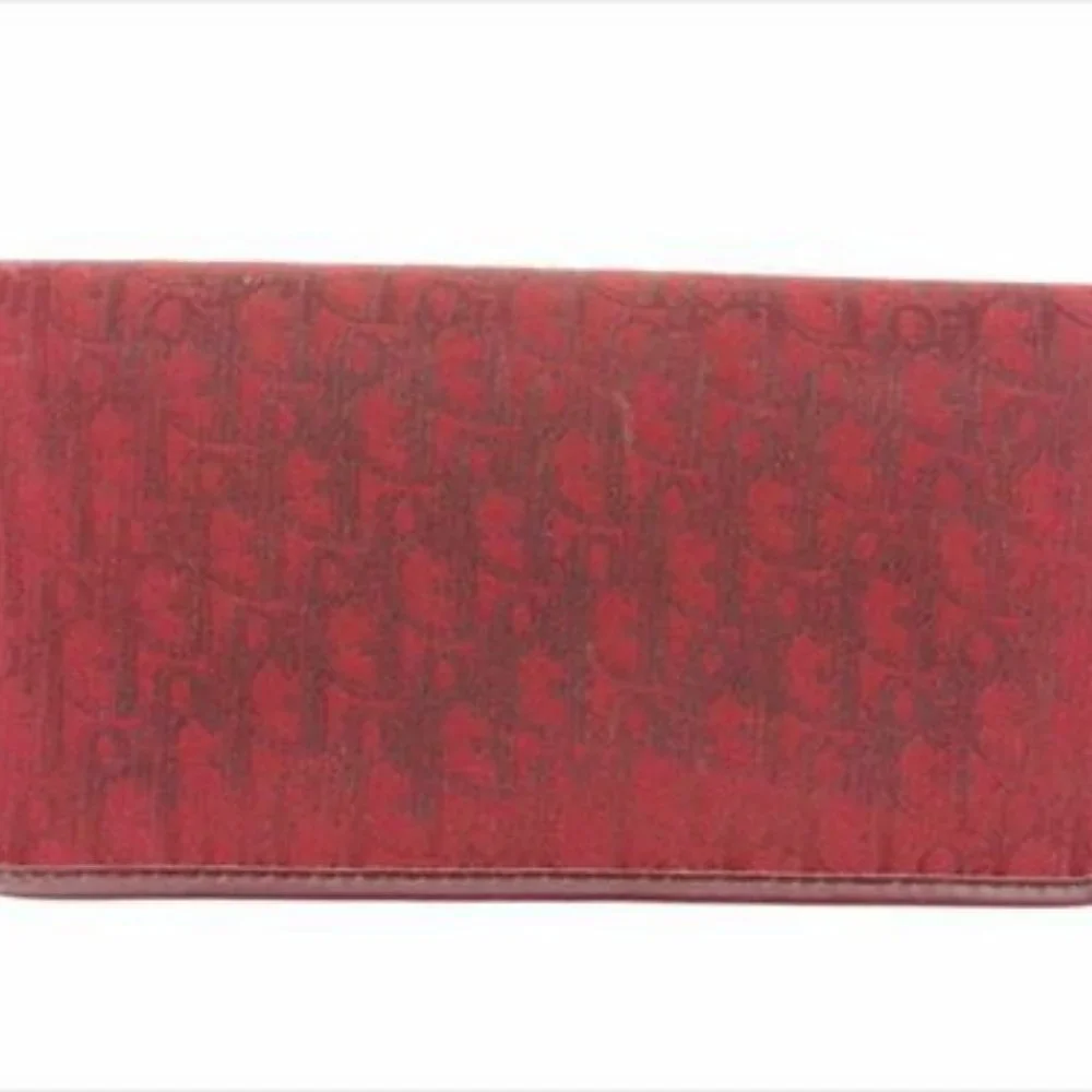 Dior Wallet Purse Long Wallet Trotter Red Gold Canvas Leather Woman unisex T8054